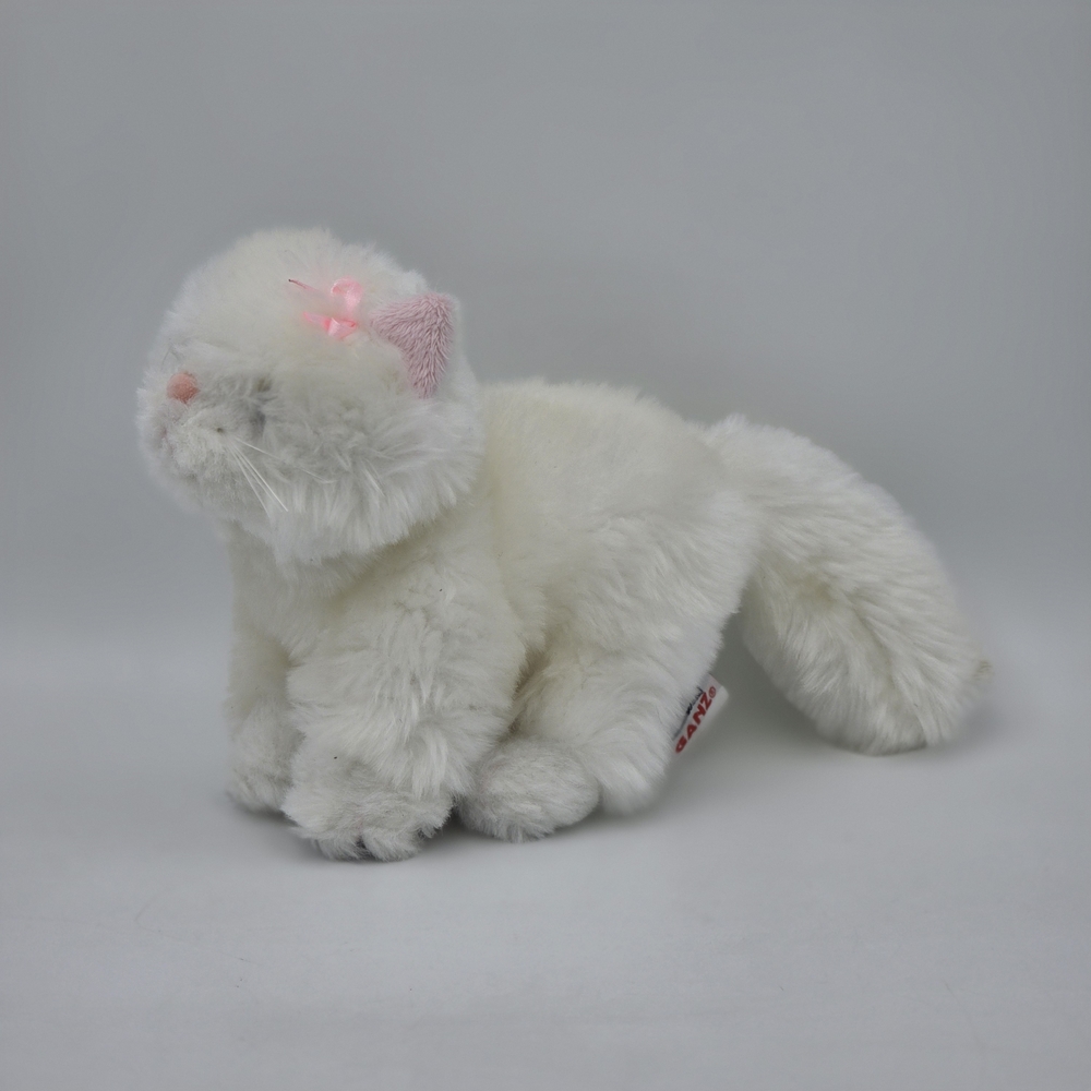 GANZ White Perisan Fluffy Plush Cat with Pink Ear and Nose Details